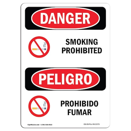 OSHA Danger Sign, Smoking Prohibited Bilingual, 5in X 3.5in Decal